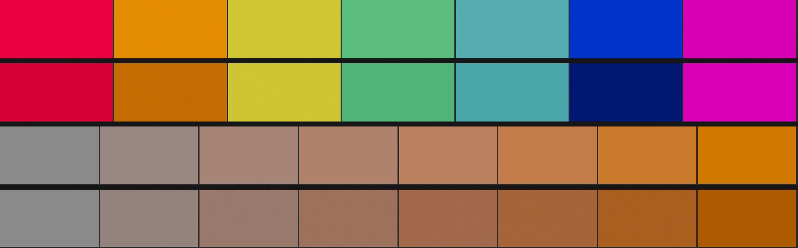 Una rampa del gris neutro al naranja puro a igual luminancia, y luego la misma rampa oscurecida progresivamente por la densidad