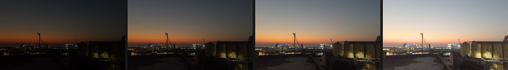 El mismo puerto al anochecer cuatro veces, del más oscuro al más claro, con el degradado del cielo intacto en todas