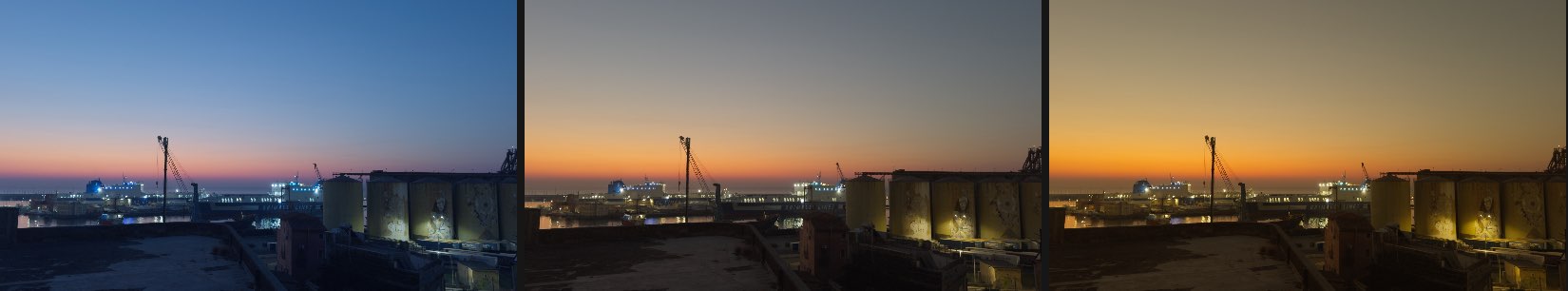 El mismo puerto al anochecer tres veces: azulado a la izquierda, neutro en el centro, cálido a la derecha, con el mismo brillo en todas